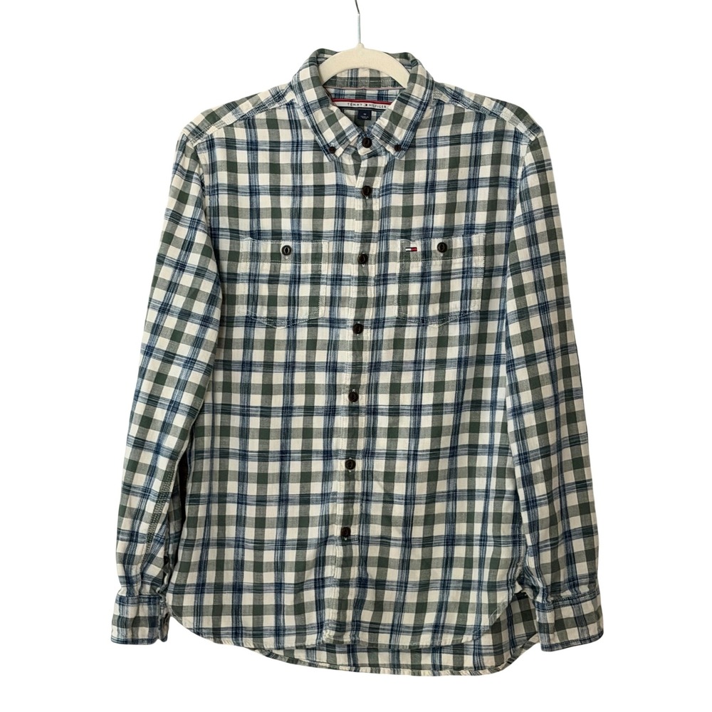 Tommy Hilfiger Men's M Blue Green Plaid Button Flannel Shirt | SKU 1178